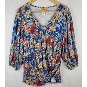 Ruby Rd Large Top 3/4 Sleeve Pullover V Neck Tie Hem Fall Colorful Blouse Casual